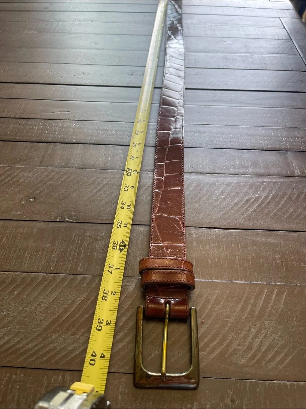 Joan & David Brown crocodile embossed Leather Belt with Brass Buckle
